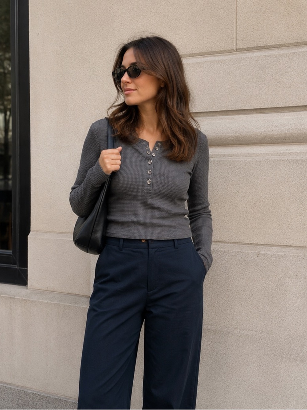 Forever 21 Charcoal Gray Waffle Henley Crop Top